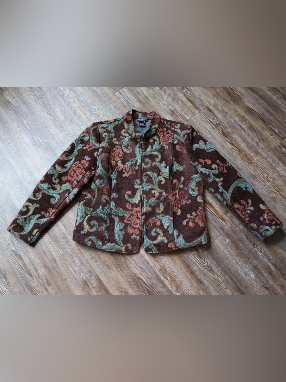 Boho Floral Jacquard Art To Wear Indie Textured Zip Jacket Petite Large